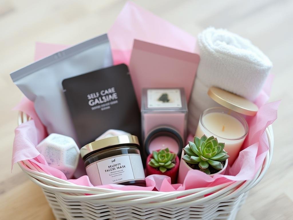 A beautifully arranged self-care gift basket with bath bombs, face masks, candles, and a soft towel