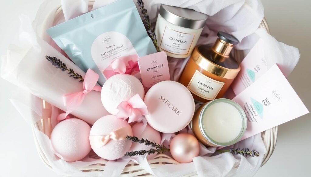 A beautifully arranged self-care gift basket with bath bombs, face masks, scented candles, and other spa luxuries for her