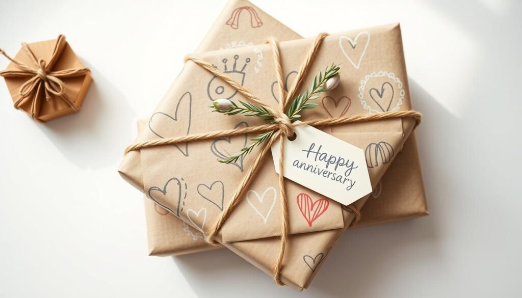 A beautifully wrapped DIY anniversary gift with kraft paper, twine, and a handwritten tag