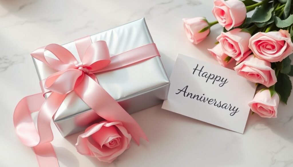 A beautifully wrapped anniversary gift box with roses and a heartfelt card for her