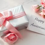 A beautifully wrapped anniversary gift box with roses and a heartfelt card for her