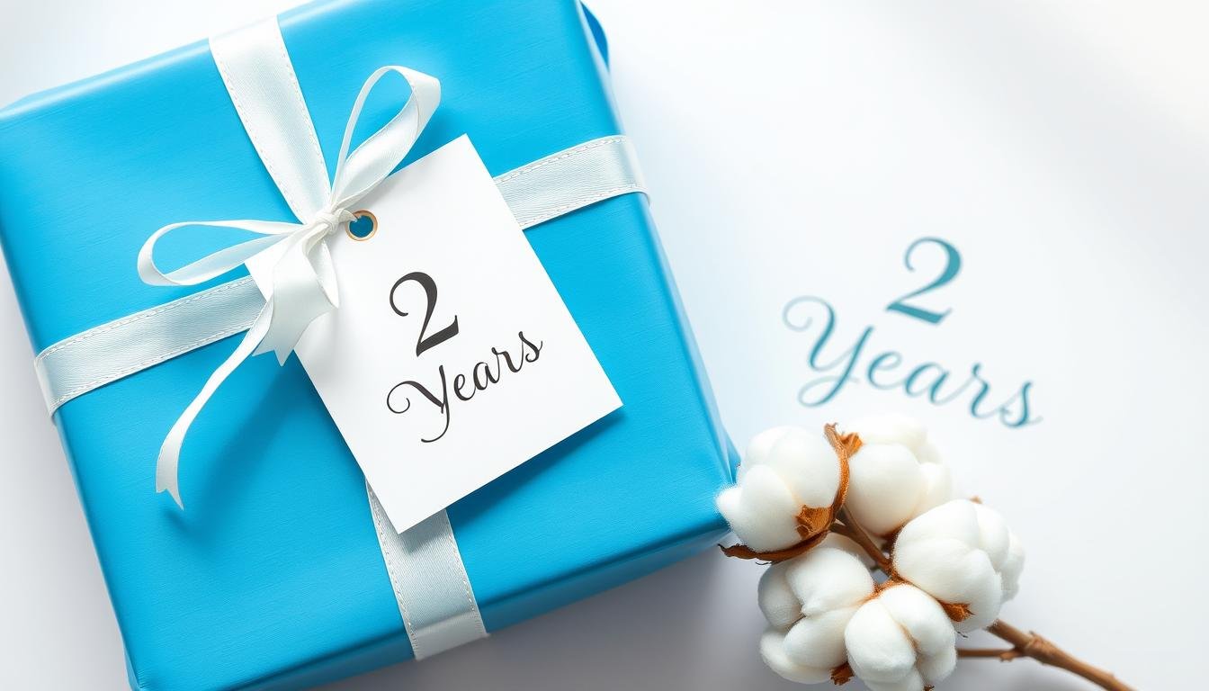 A beautifully wrapped cotton anniversary gift with a card marked '2 years'