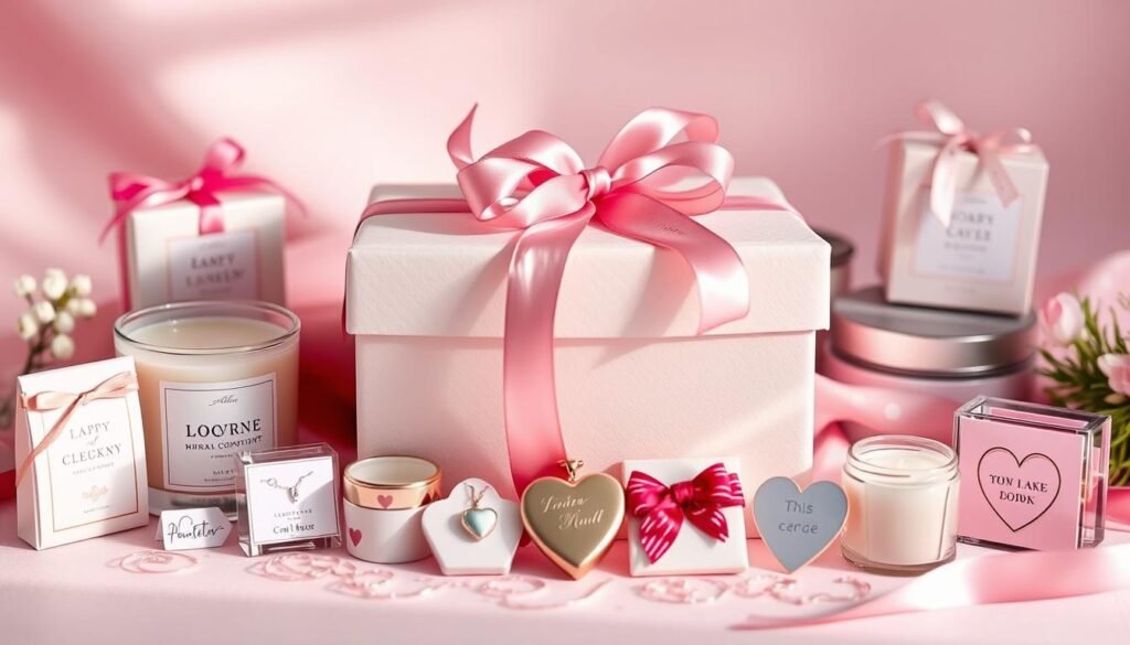 A beautifully wrapped gift box with pink ribbon surrounded by smaller cute gifts for her including jewelry, candles, and personalized items