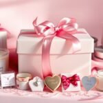 A beautifully wrapped gift box with pink ribbon surrounded by smaller cute gifts for her including jewelry, candles, and personalized items
