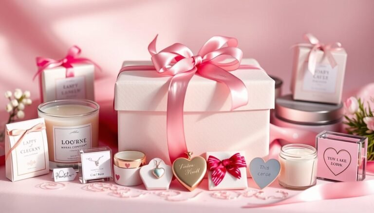 A beautifully wrapped gift box with pink ribbon surrounded by smaller cute gifts for her including jewelry, candles, and personalized items