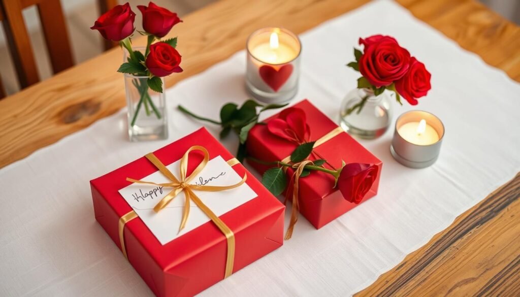 A beautifully wrapped last minute valentine gift with a card on a table next to roses and candles