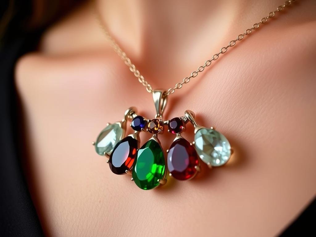 A birthstone necklace with stones representing family members for sentimental valentines gifts