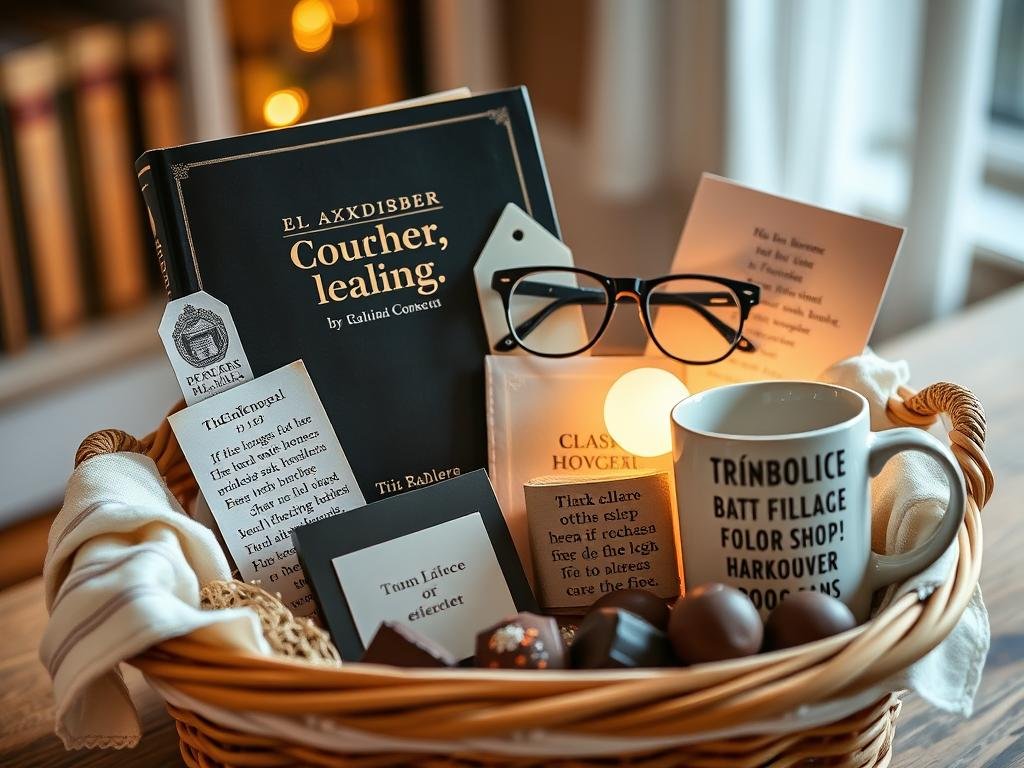 A bookworm gift basket with books, bookmarks, and reading accessories