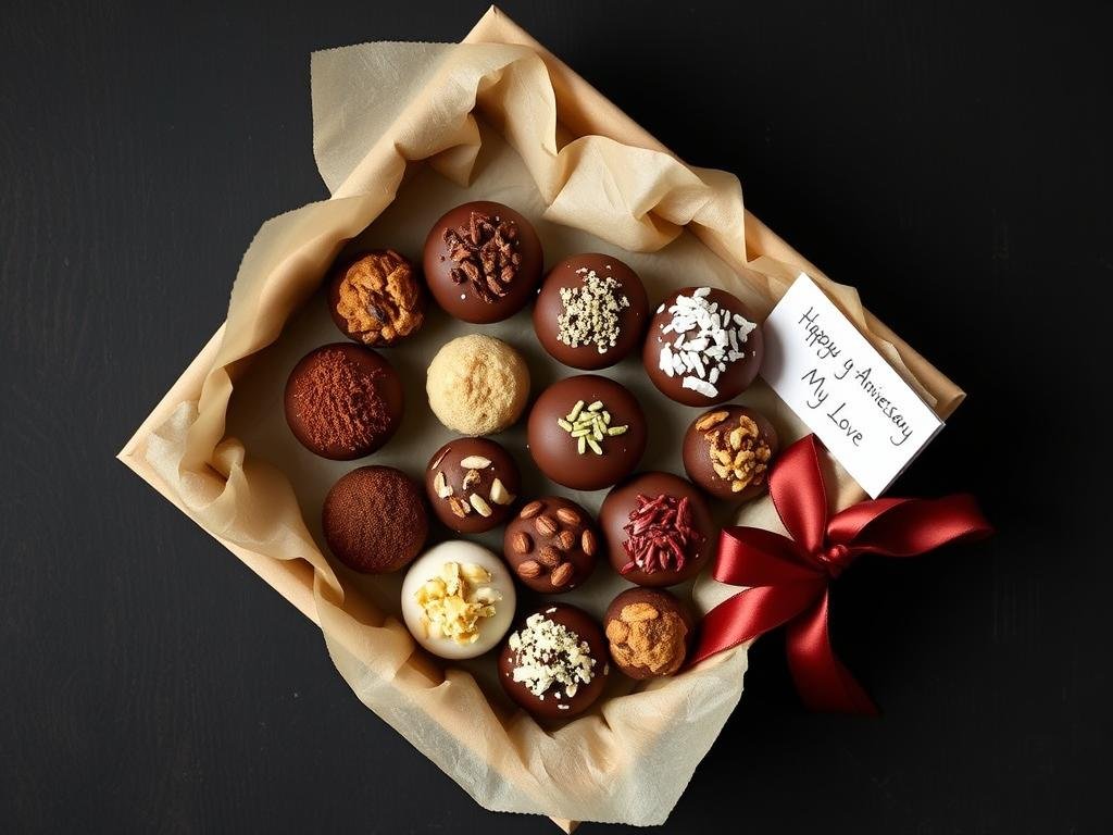A box of homemade chocolate truffles arranged in a heart pattern with a handwritten anniversary note