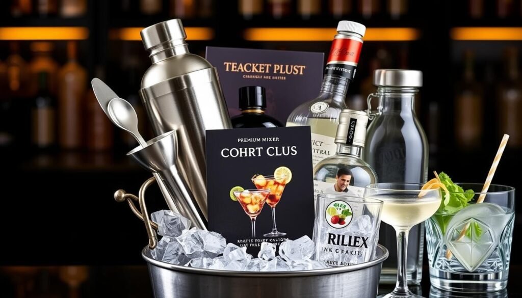 A cocktail making gift basket with bar tools, mixers, and glassware