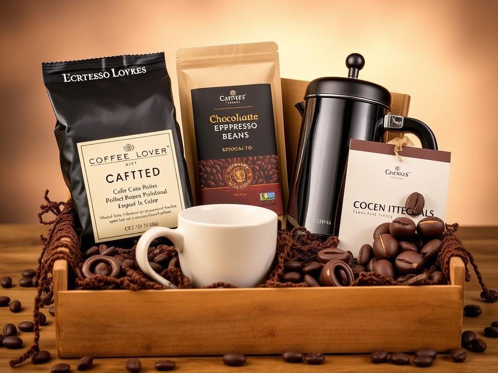 A coffee lover's gift basket with specialty beans, a mug, and accessories