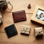 A collection of DIY anniversary gifts for him including a memory jar, custom wallet, and photo frame arranged on a wooden table