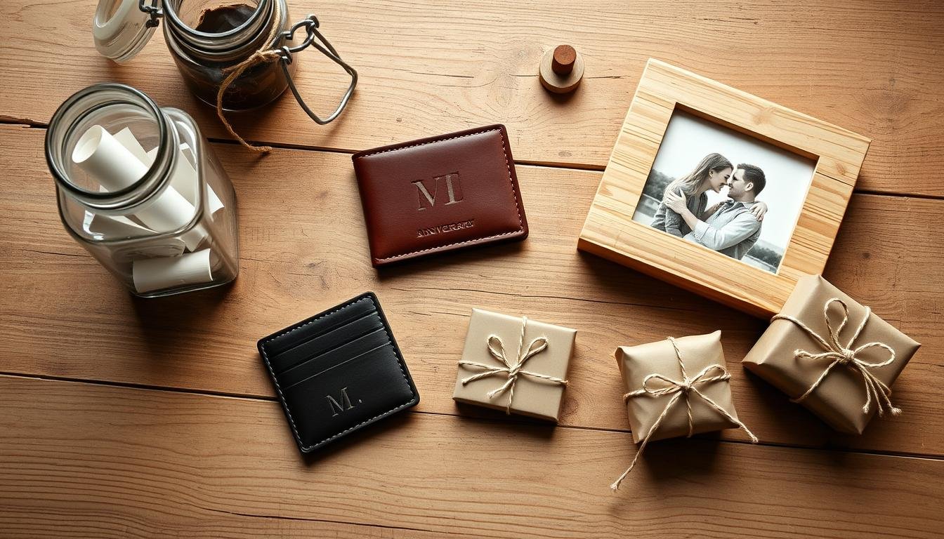 A collection of DIY anniversary gifts for him including a memory jar, custom wallet, and photo frame arranged on a wooden table