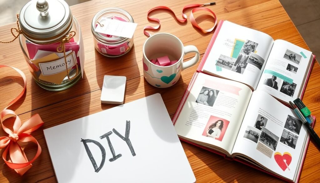 A collection of DIY sentimental gifts including a memory jar, hand-painted mug, and scrapbook