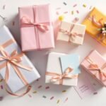 A collection of beautifully wrapped birthday gifts for best friend arranged on a decorated table with confetti and balloons