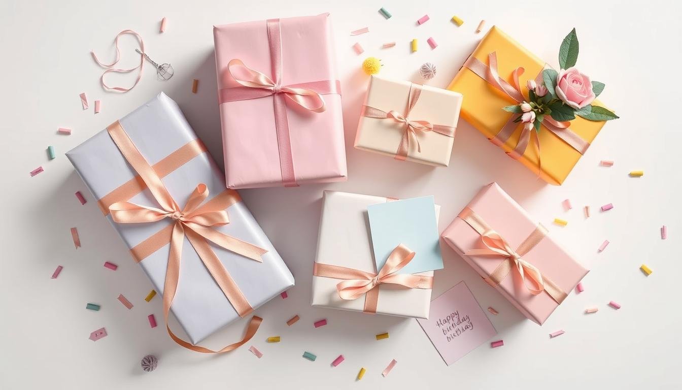 A collection of beautifully wrapped birthday gifts for best friend arranged on a decorated table with confetti and balloons