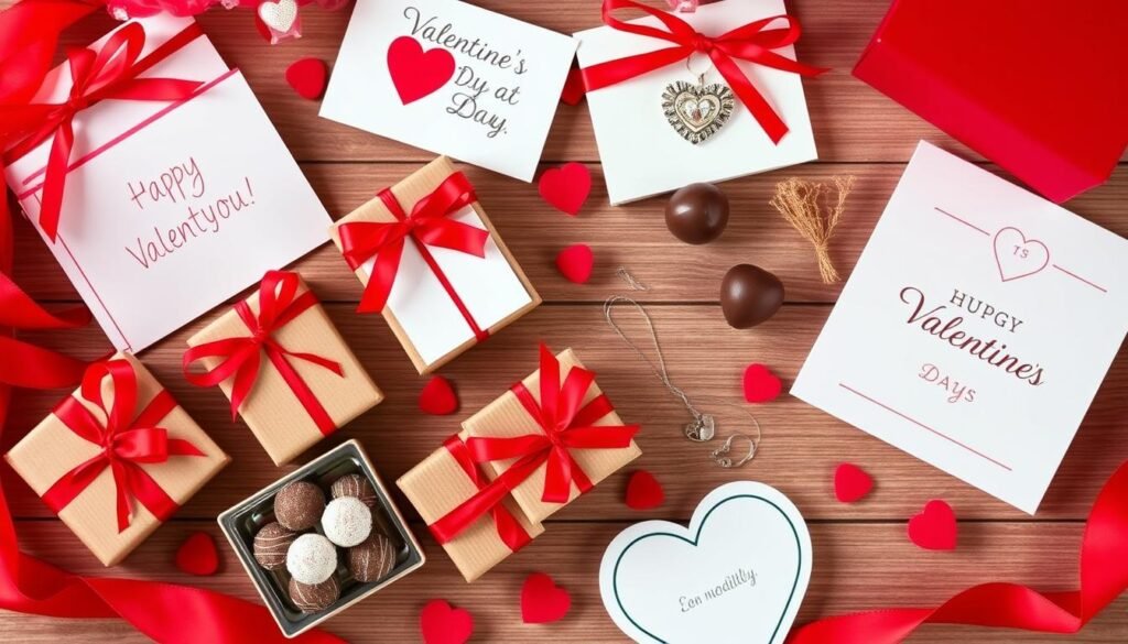 A collection of budget Valentine's Day gifts arranged beautifully including handmade cards, small gift boxes with red ribbons, and budget-friendly jewelry
