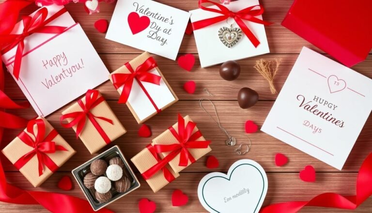 A collection of budget Valentine's Day gifts arranged beautifully including handmade cards, small gift boxes with red ribbons, and budget-friendly jewelry