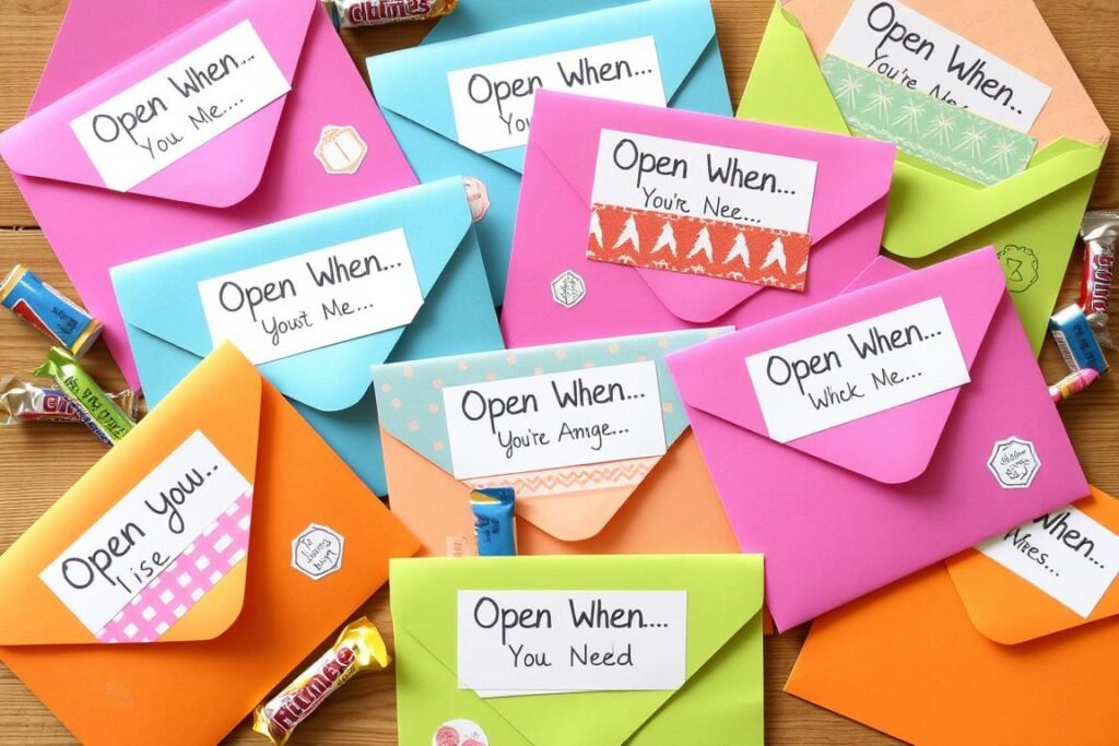 A collection of colorful 'Open When' letters arranged with small gifts