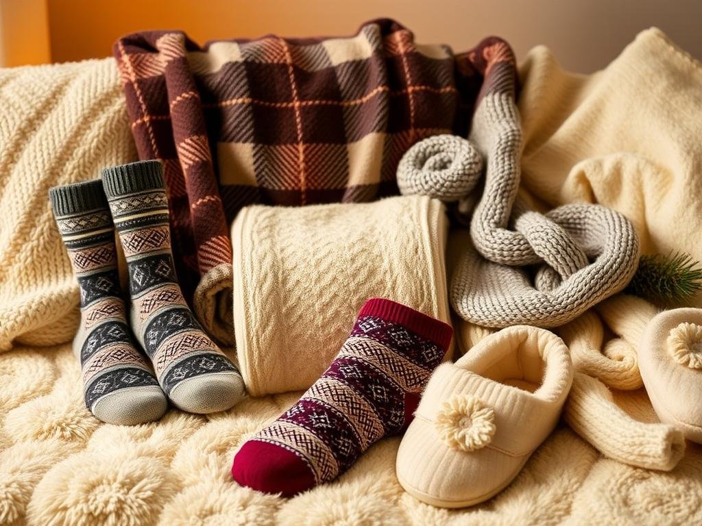 A collection of cozy comfort items like premium socks and a soft throw blanket