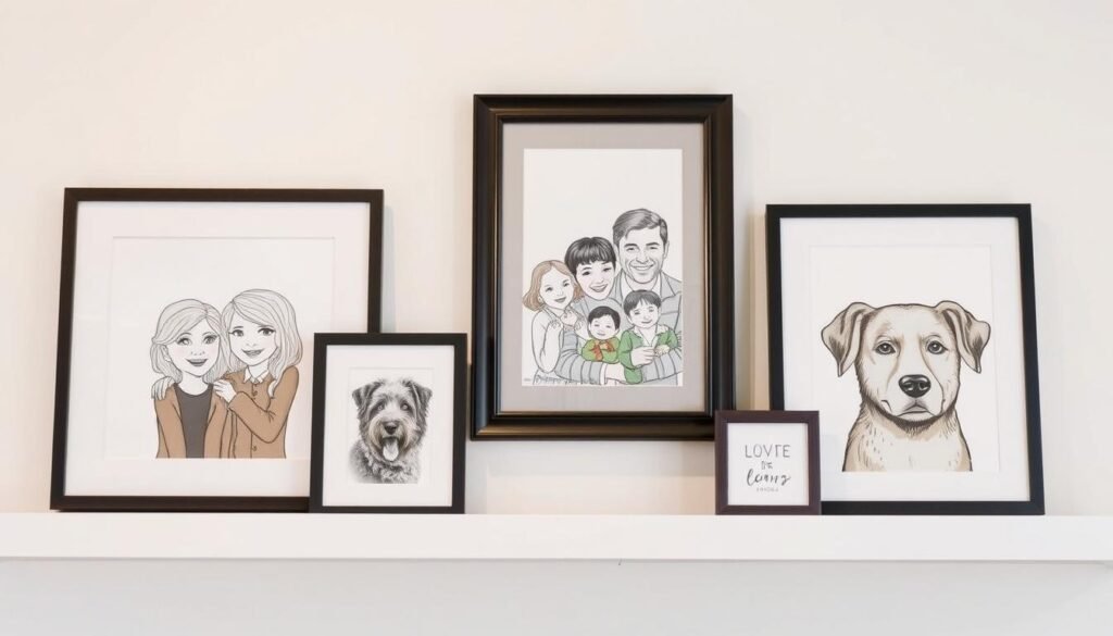 A collection of custom illustrations including couple portraits, family illustrations, and pet portraits
