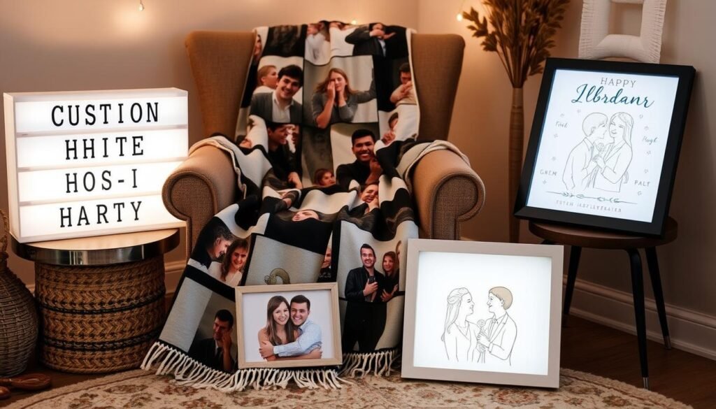 A collection of custom photo gifts including a photo blanket, light box, and custom illustration