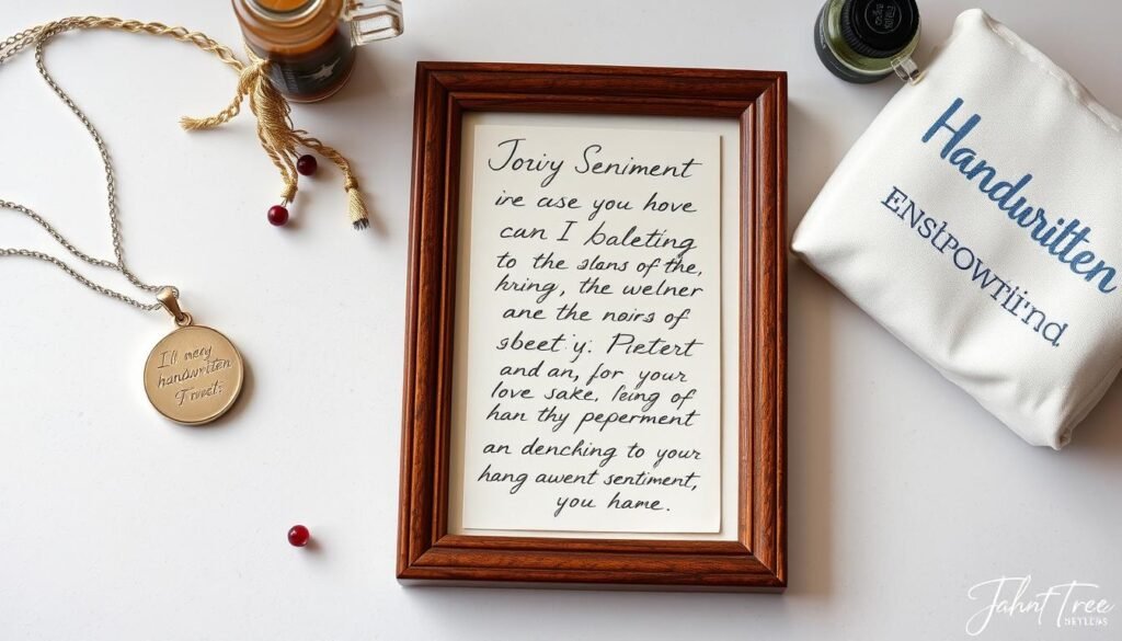 A collection of handwritten sentiment gifts including engraved jewelry, embroidered notes, and handwriting keepsakes
