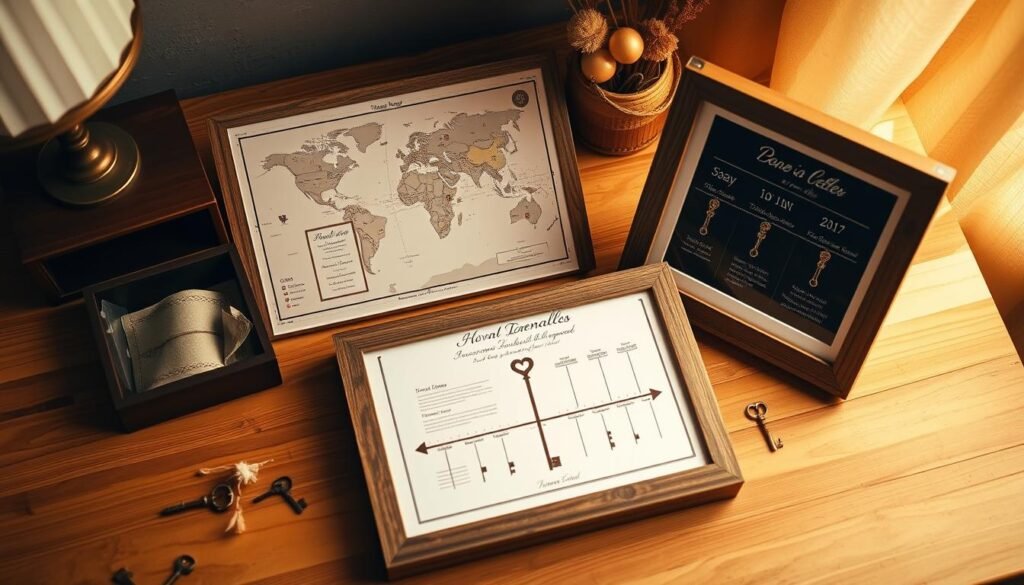 A collection of memory keepsakes including a custom map, love letter box, and relationship timeline