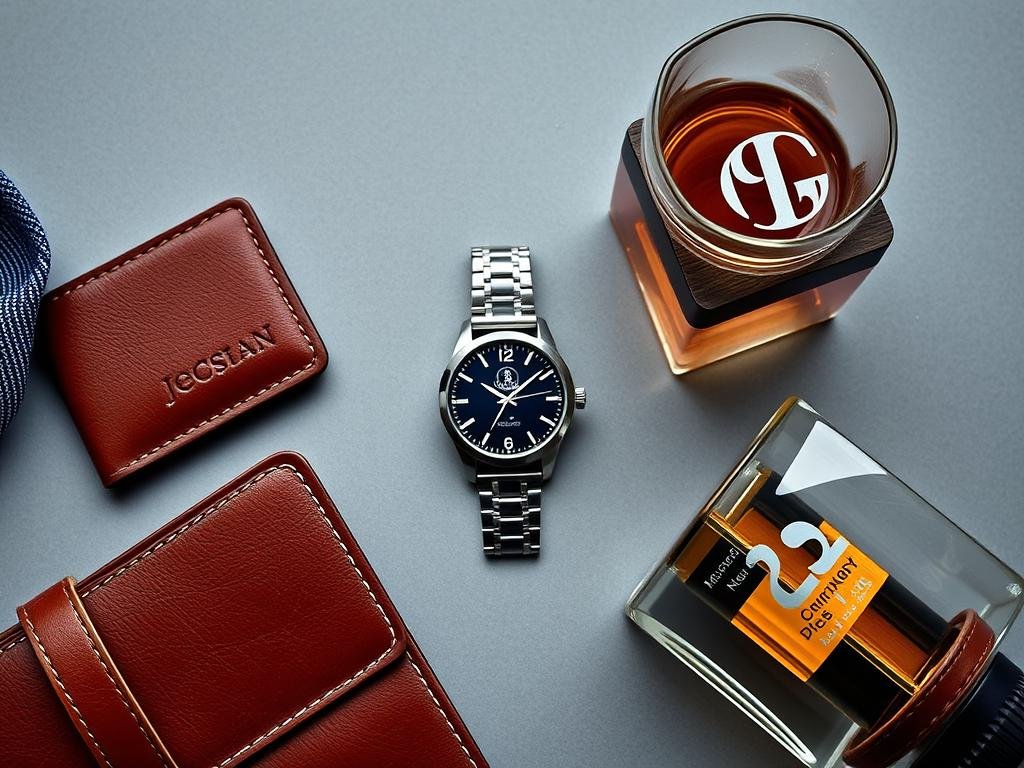 A collection of personalized gifts for men including a custom leather wallet, engraved watch, and monogrammed whiskey glasses