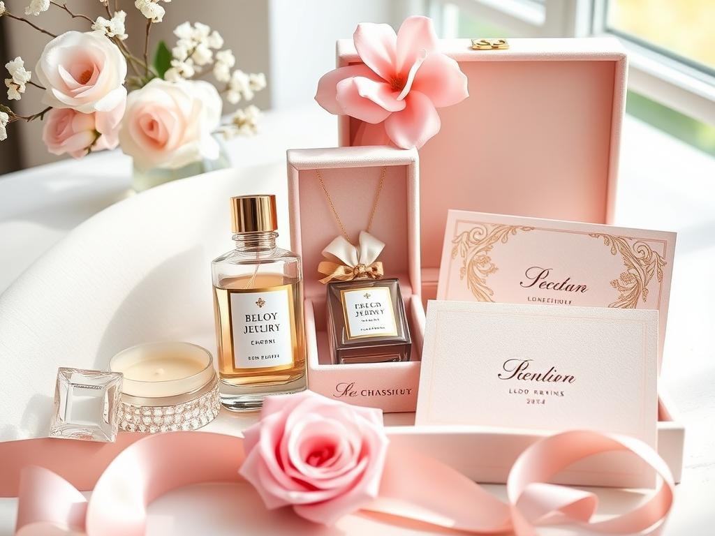 A collection of personalized gifts for women including a custom perfume bottle, monogrammed jewelry box, and personalized stationery