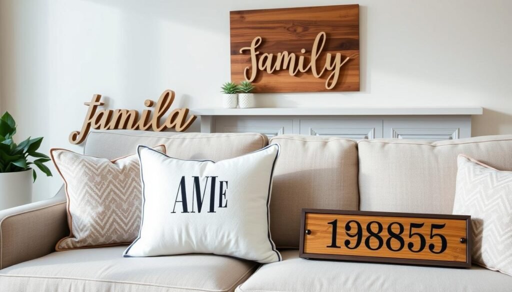 A collection of personalized home decor items including a custom family name sign, monogrammed pillows, and a custom address plaque