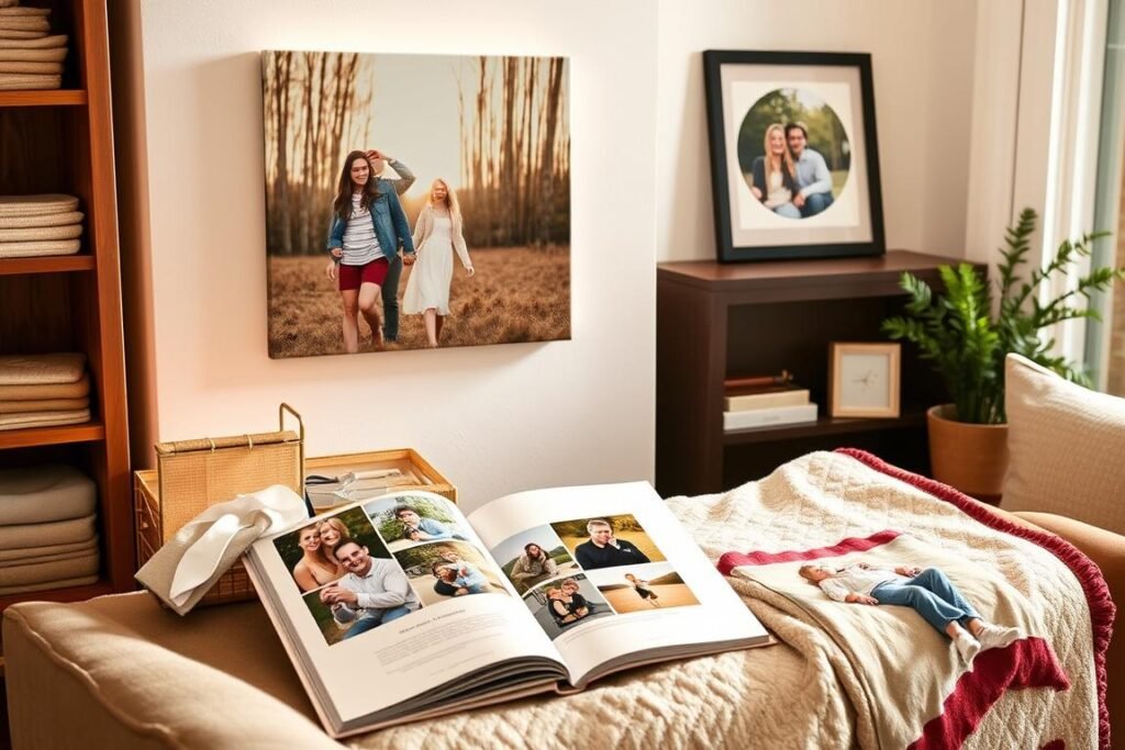 A collection of personalized photo gifts including a canvas print, photo book, and custom photo blanket