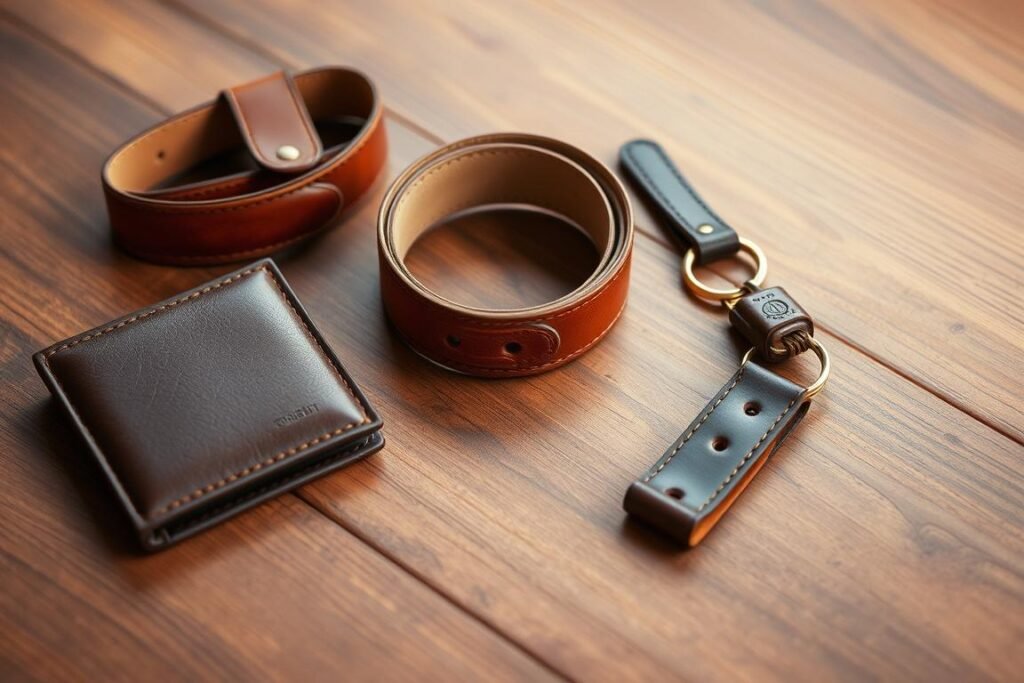 A collection of premium leather goods including a wallet, belt, and keychain