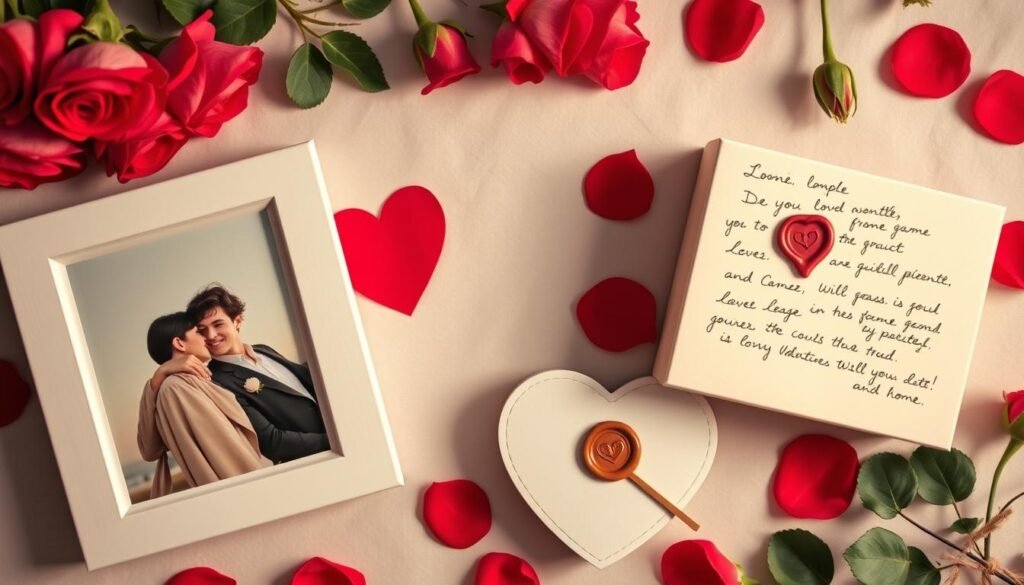A collection of sentimental Valentine's gifts including a custom photo frame, love letter, and heart-shaped keepsake