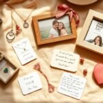 A collection of sentimental gifts for her including personalized jewelry, photo frames, and custom keepsakes arranged beautifully