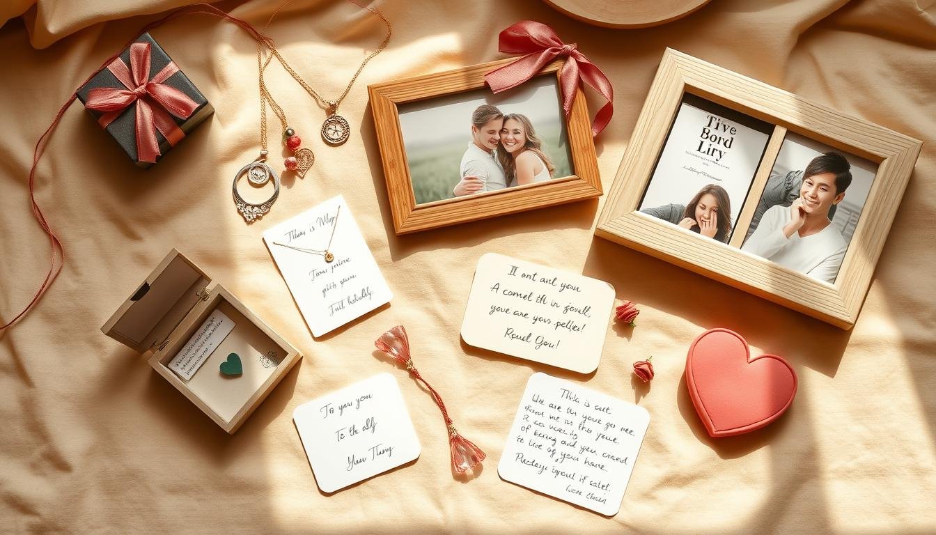 A collection of sentimental gifts for her including personalized jewelry, photo frames, and custom keepsakes arranged beautifully