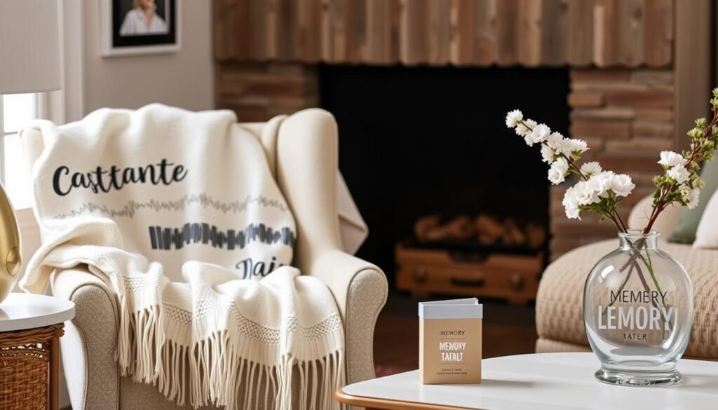 A collection of sentimental home decor items including a custom throw blanket, sound wave art, and a memory vase
