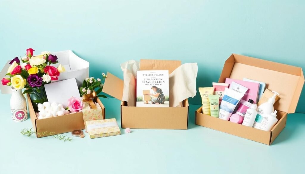 A collection of subscription boxes for flowers, books, and self-care items