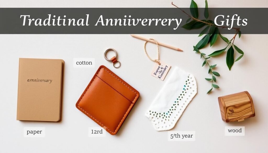 A collection of traditional anniversary materials (paper, cotton, leather, wood) with DIY projects made from each