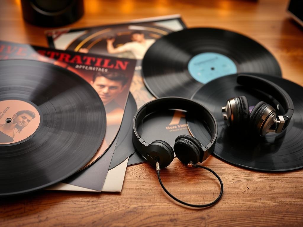 A collection of vinyl records and high-quality headphones as gifts for music lovers