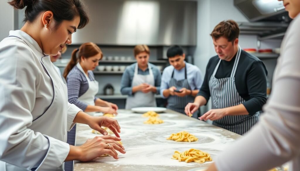 A cooking class with participants learning to make pasta from scratch