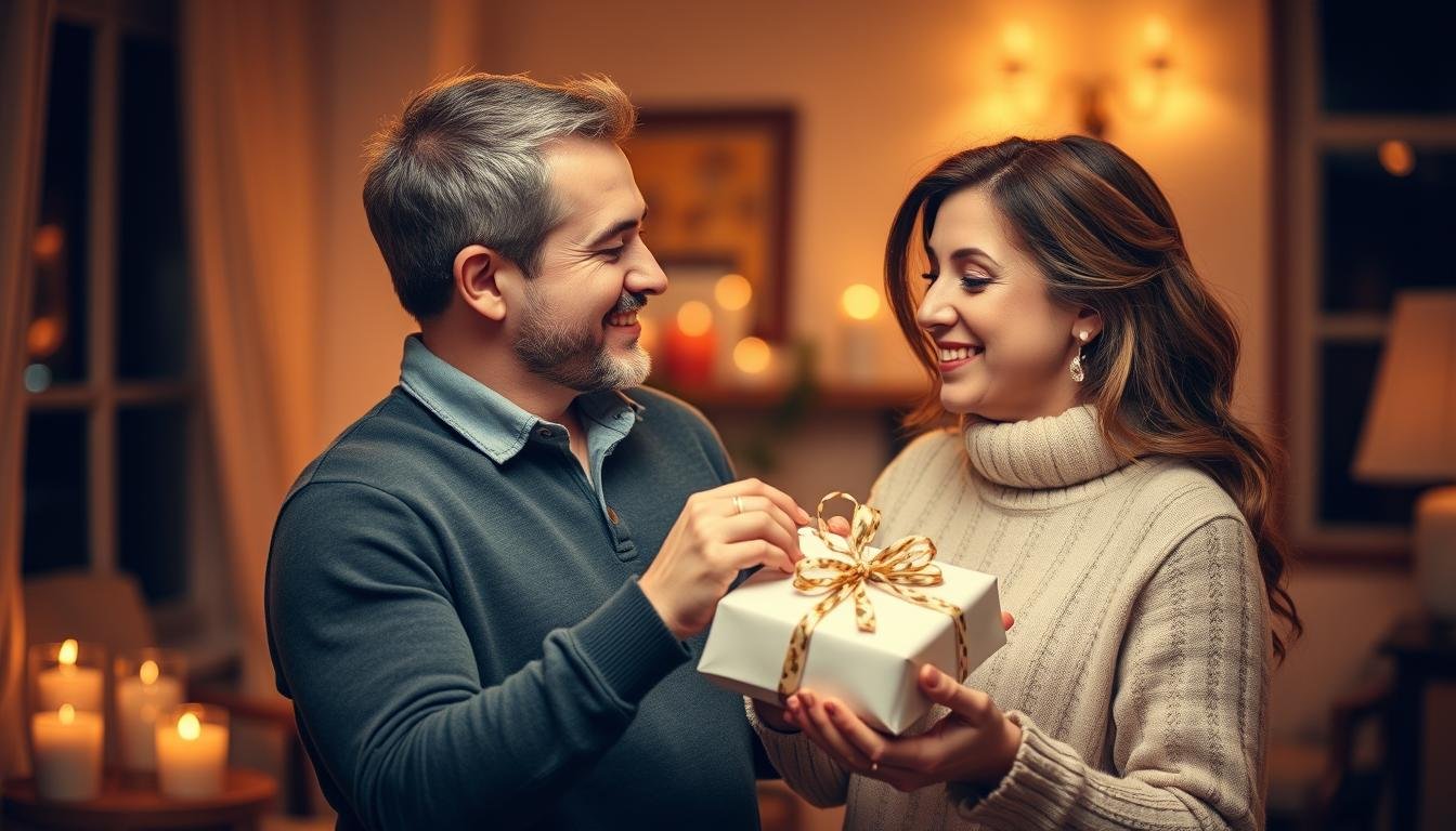 A couple celebrating their anniversary with the man opening a thoughtful gift