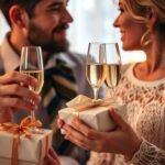 A couple celebrating their wedding anniversary with beautifully wrapped gifts and champagne