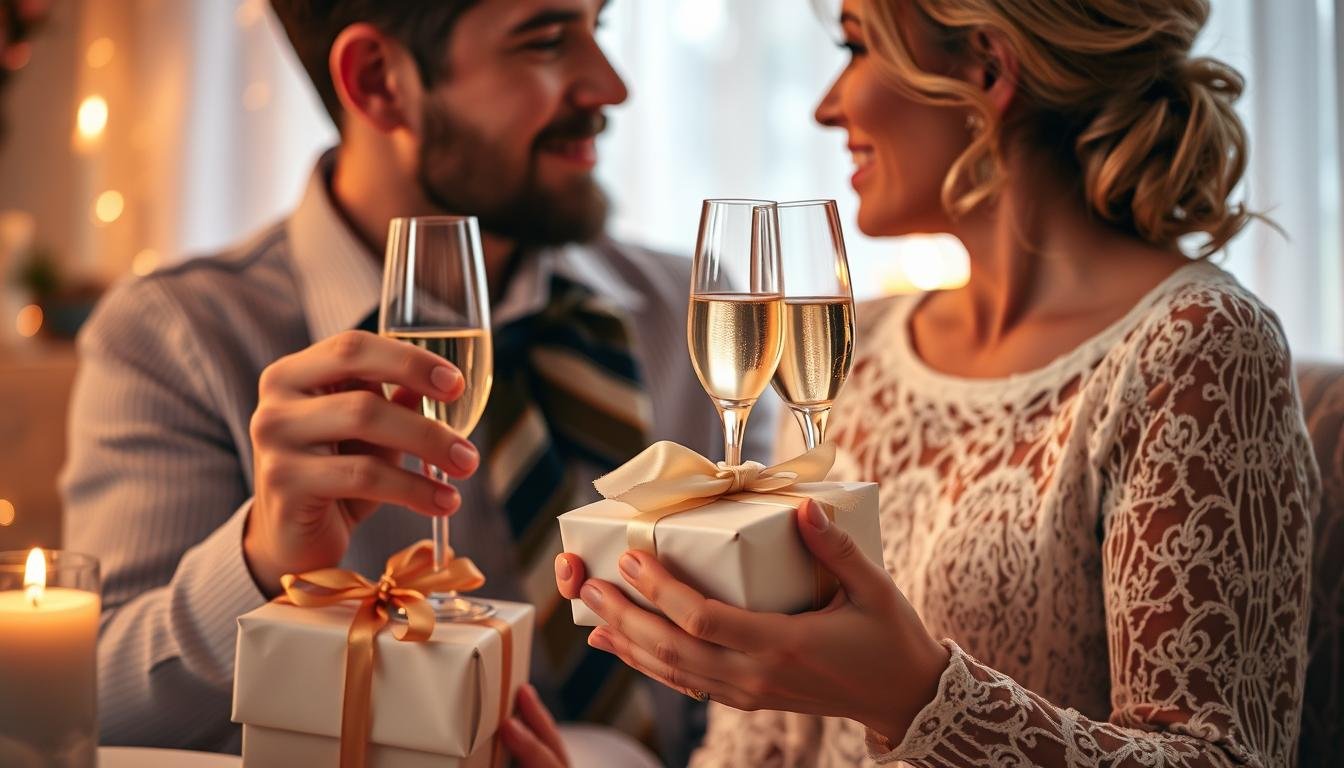 A couple celebrating their wedding anniversary with beautifully wrapped gifts and champagne