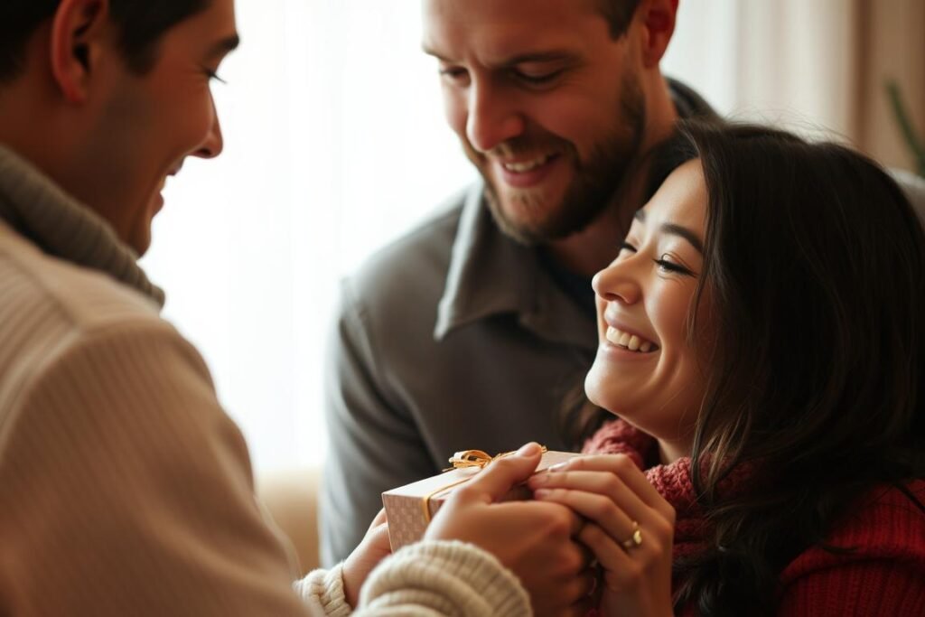 A couple embracing after exchanging a sentimental gift with emotional impact
