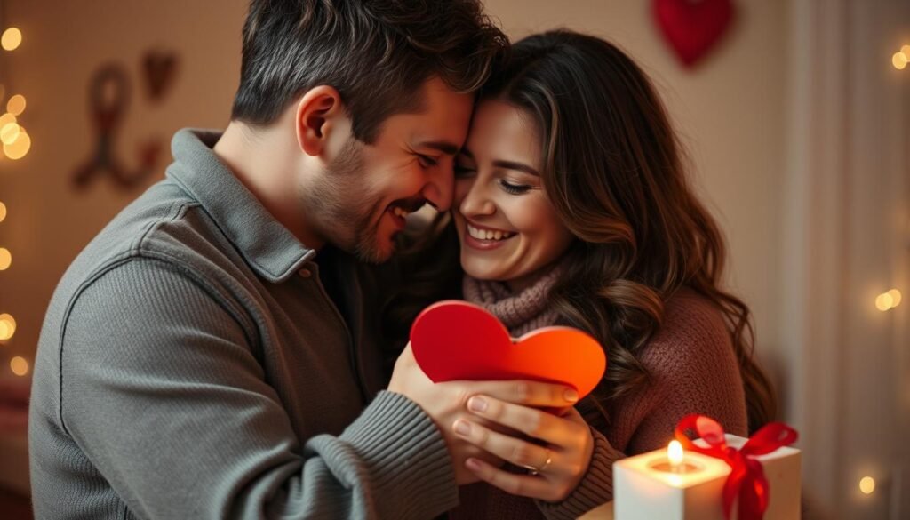 A couple embracing while exchanging sentimental valentines gifts