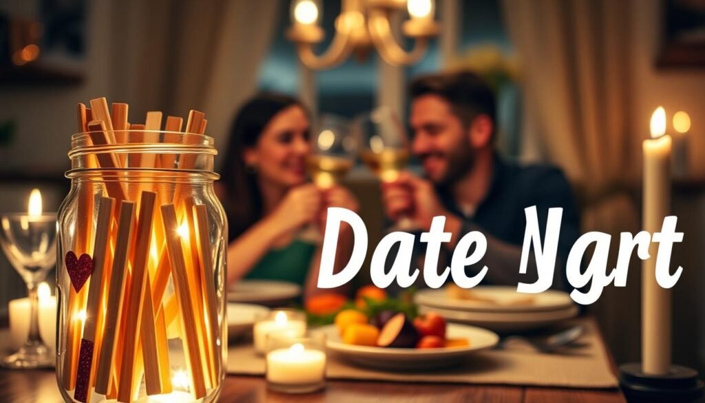 A couple enjoying a DIY date night with a custom date jar visible in the foreground