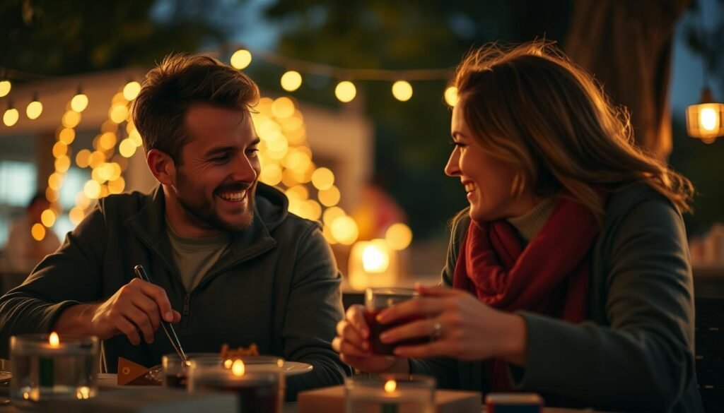 A couple enjoying a special experience gift like a cooking class or stargazing picnic