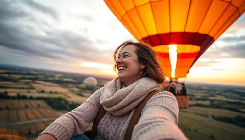 A couple enjoying a surprise hot air balloon ride experience at sunset