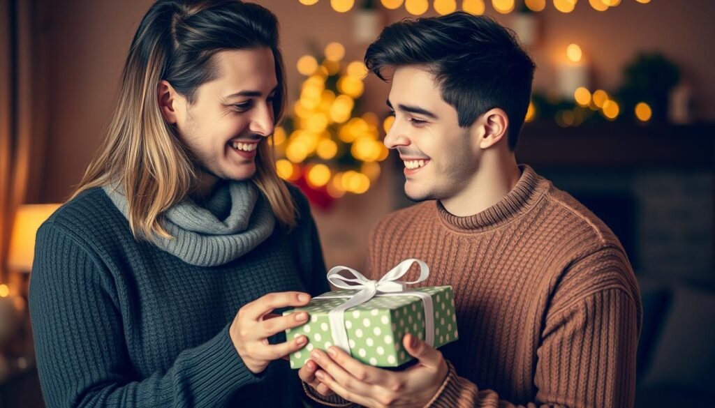 A couple exchanging gifts, representing the joy of giving cute gifts for boyfriend